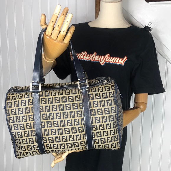 FENDI Zucca Navy Blue Leather Canvas Boston Duffle Travel Bag Speedy 30 EUC - Picture 17 of 17